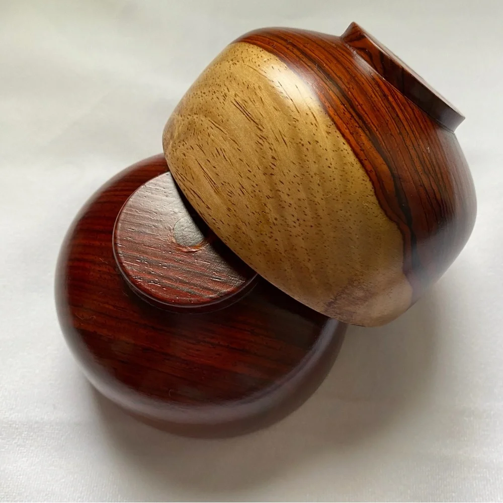 Vintage Wooden Double Bowl Set with Spoon - Rich Brown and Natural Wood Trim